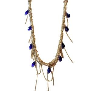 Vintage Gold Chain Wrap Blue Pendant Statement Necklace